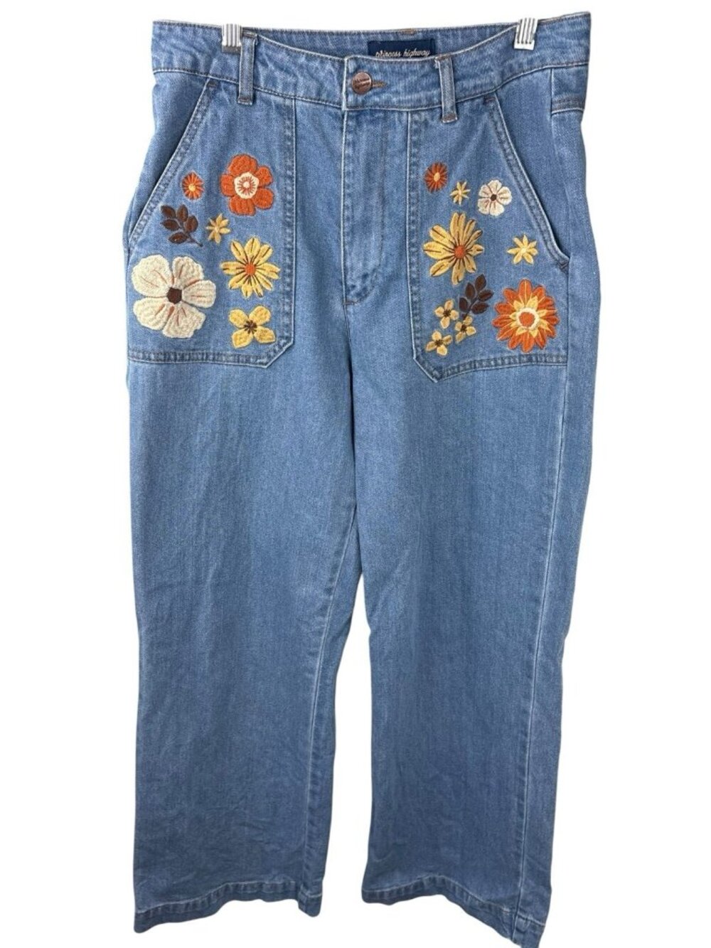 Cottage Core Boho Princess Highway Floral Embroidered Wide Leg Jeans Women’s 10
